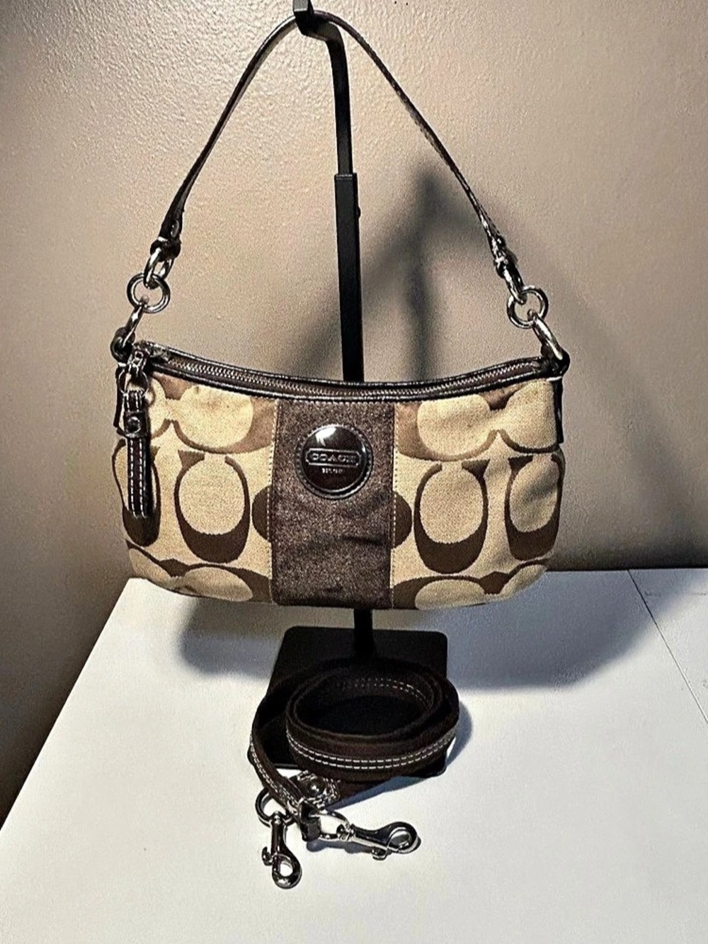 Coach Signature Jacquard Striped Demi Shoulder Bag Crossbody F17439 Khaki Brown